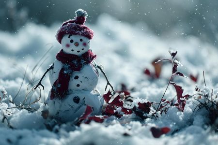 Snowman in the snow with red scarf and hat. Christmas and New Year concept.の素材