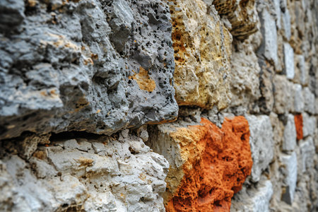 Close up view of a wall made of natural stone and cement.の素材