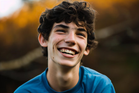 Portrait of a smiling boy in the park on an autumn dayの素材