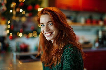 Portrait of a beautiful young woman with red hair in a green sweater in a cafe.の素材