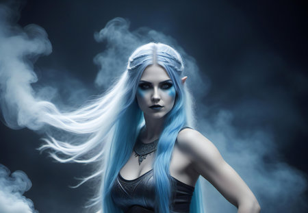 Portrait of a beautiful gothic woman with blue hair and smoke on a dark backgroundの素材