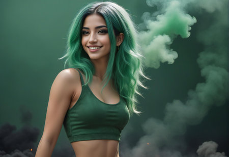 Portrait of a beautiful girl with green hair and smoke in the backgroundの素材
