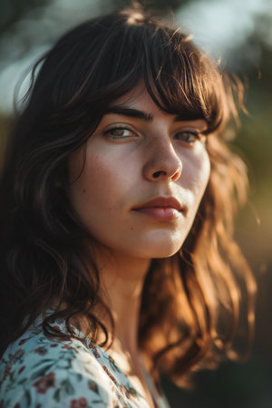 Portrait of a beautiful girl with freckles on her faceの素材