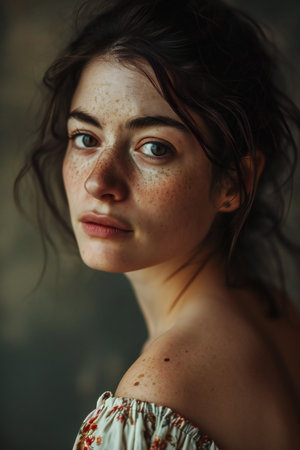 Portrait of a beautiful young woman with freckles on her faceの素材