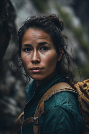 Portrait of a young woman with a backpack in the mountains.の素材