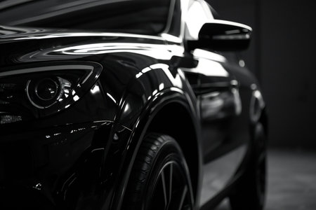 Front view of a modern black car in the garage. Close-up.の素材