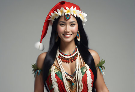 Portrait of beautiful asian woman in traditional costume on gray backgroundの素材