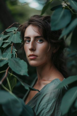 Portrait of a beautiful young woman with green leaves in the forestの素材