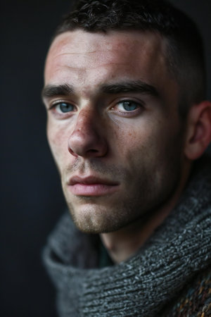 Portrait of a young man in a scarf on a dark backgroundの素材