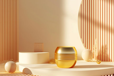 abstract minimal geometric forms. Glossy golden podium for your design. Fashion show stage. Cylinder podium for product presentation.の素材
