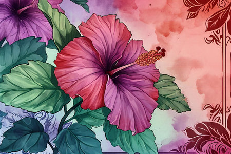 Hibiscus flowers on watercolor background. Hand drawn illustrationの素材