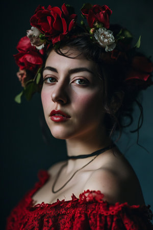 Portrait of a beautiful girl in a wreath of red rosesの素材