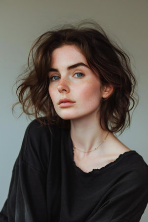 Portrait of a beautiful girl with long brown hair in a black dressの素材