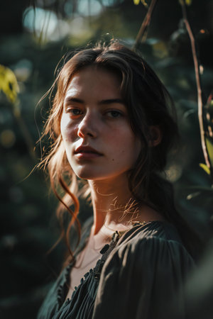 Portrait of a beautiful girl in a green dress in the forestの素材