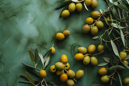 top view of green olives with olive branches on green background, flat layの素材