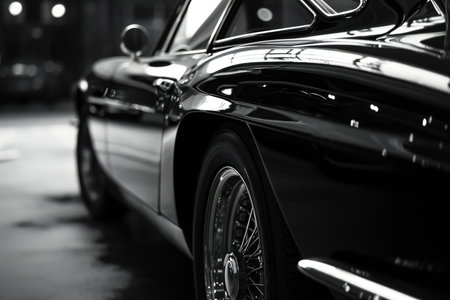 Close-up of a black vintage car in the parking lot.の素材