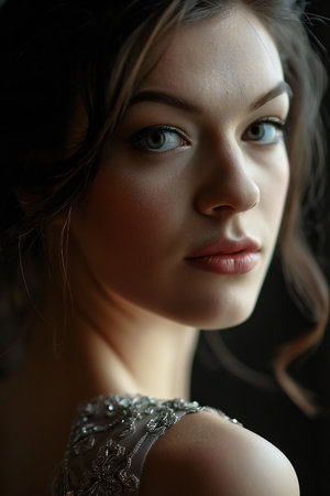 Portrait of a beautiful young woman in a silver dress on a black backgroundの素材