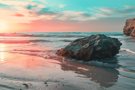 Beautiful seascape with rocks on the beach at sunset.の素材