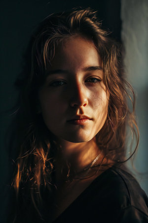 Portrait of a beautiful young woman with long brown hair looking at cameraの素材