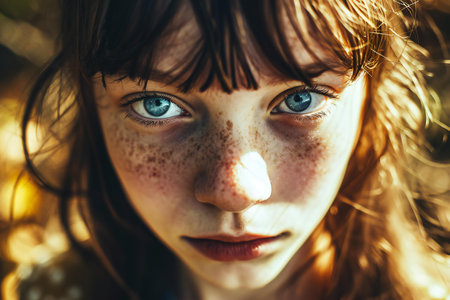 Portrait of a little girl with freckles on her faceの素材