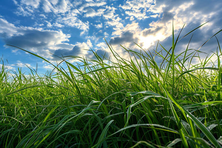 Sugar cane green field and blue sky with white clouds background.の素材