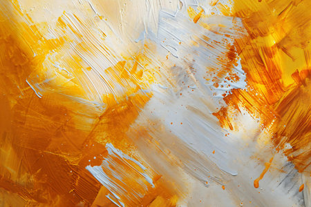abstract yellow and orange paint strokes on white paper background with copy spaceの素材