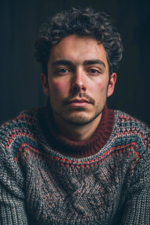 Portrait of a young man in a sweater on a dark backgroundの素材