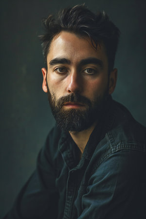 Portrait of a handsome man with a beard on a dark backgroundの素材