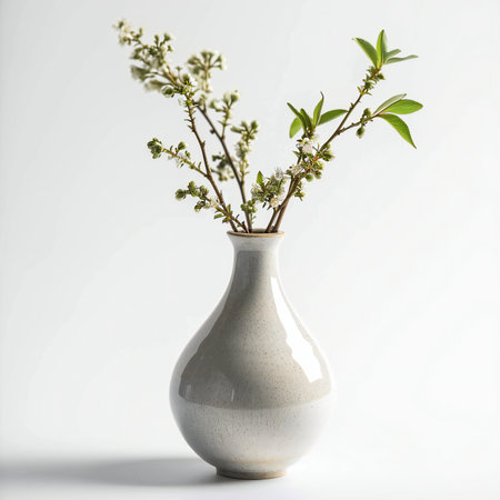 Bouquet of small twigs in a vase on a white backgroundの素材