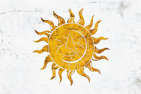 Grunge sun icon on white wooden background. Vintage style.の素材