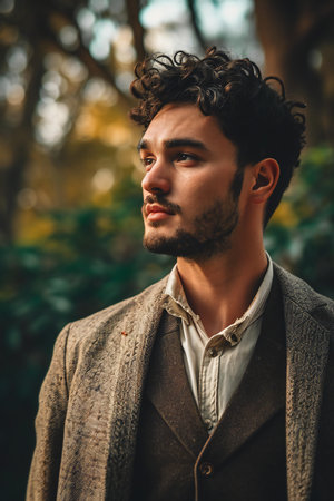 Portrait of a handsome young man with curly hair in a coat.の素材