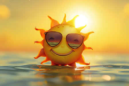Smiling sun with sunglasses floating in the sea.の素材