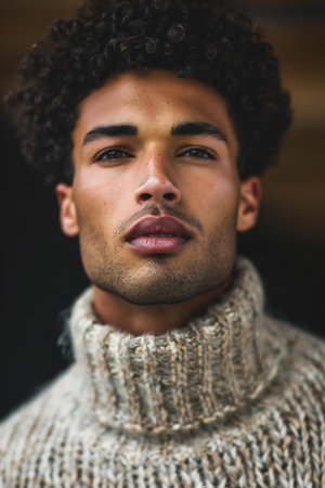 Portrait of a handsome young african american man with curly hair wearing a knitted sweaterの素材