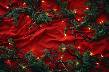 Christmas tree branches and garland lights on red satin background.の素材