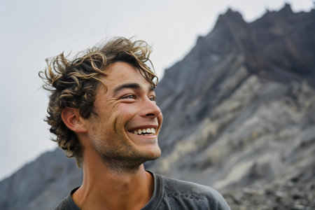 Portrait of a smiling young man with curly hair in the mountainsの素材
