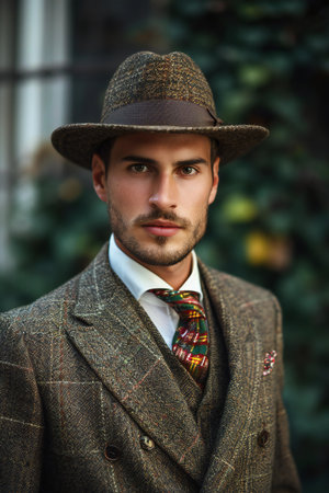 Portrait of a handsome young man in a hat. Men's beauty, fashion.の素材