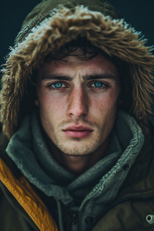 Portrait of a young man in a winter jacket and hat.の素材