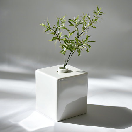 White vase with a plant on a white background. Minimal style.の素材