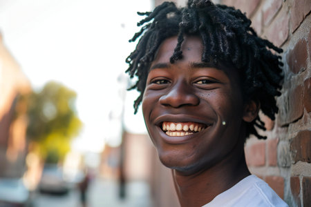 Portrait of a young african american man smiling in the cityの素材