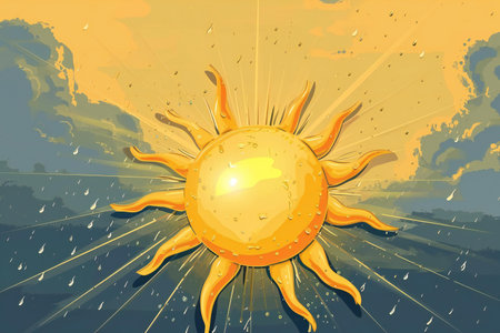 Illustration of a yellow sun on a blue sky background with cloudsの素材