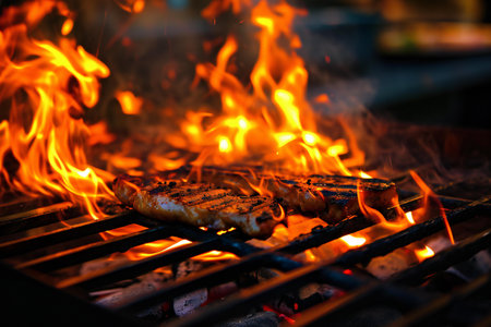Grilled meat on the grill with flames and smoke in the backgroundの素材