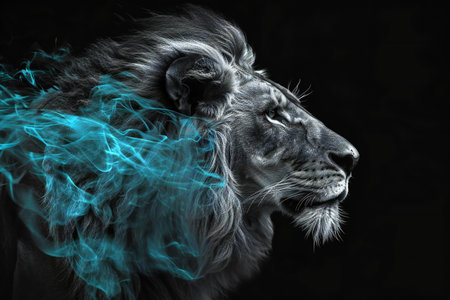 Portrait of a male lion with blue smoke on a black backgroundの素材