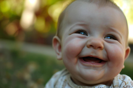 Portrait of a smiling baby in the park. Selective focus.の素材