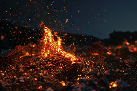 Burning coals in the forest at night, close-upの素材