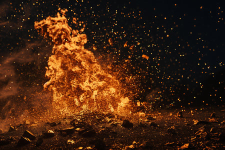 Fiery explosion on a black background. Fire and sparks fly in the air.の素材