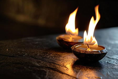 Burning diya lamps on dark background. Diwali conceptの素材