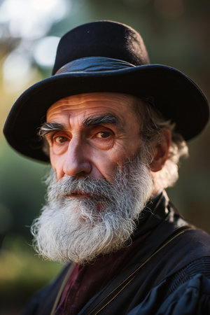 Portrait of an old man with a long white beard and a black hatの素材