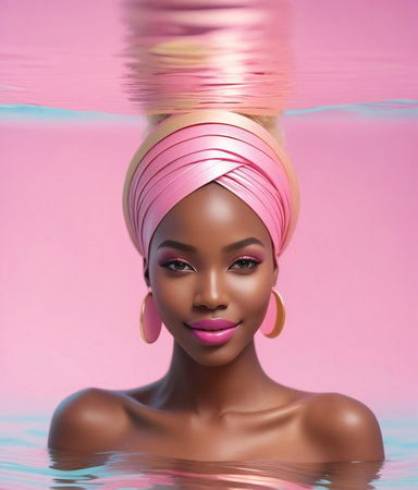 Beautiful african american woman with pink turban in waterの素材