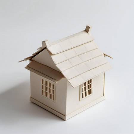 Model of a house made of cardboard on a white background with shadowの素材
