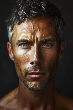 Portrait of a handsome man with a serious expression on his faceの素材